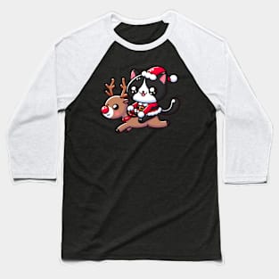 Tuxedo cat in santa costume, riding a reindeer Baseball T-Shirt